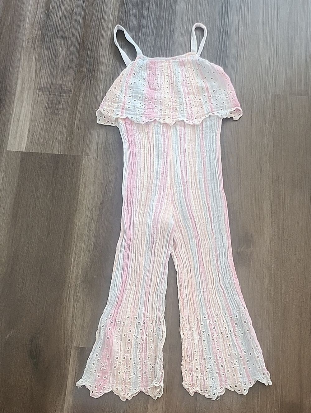 Zara Girls' Pastel Striped Eyelet Romper Jumpsuit- Pink/Blue/White